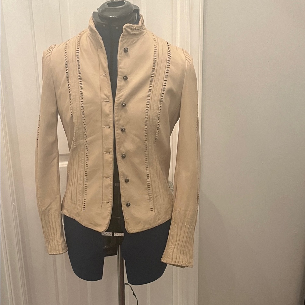 Elie Tahari Beige Button-Up Leather Jacket